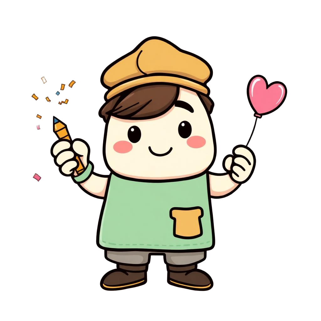 Illustrated studio engraver holding a balloon